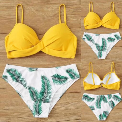 2020 Women's Sexy Fashion Swimwear Leaf Print Split Swimwear Bikini Yellow Plus Size Bikini Set Two Pieces Swimsuit