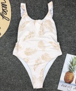 Fashion White Leaf Print Stripes Piece Swimsuit For Women Halter Beachwear Woman 2020 Trikini Bodysuit Swimwear Summer For Beach