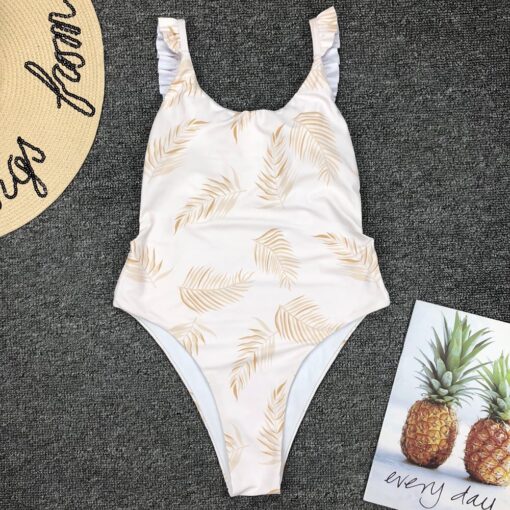 Fashion White Leaf Print Stripes Piece Swimsuit For Women Halter Beachwear Woman 2020 Trikini Bodysuit Swimwear Summer For Beach