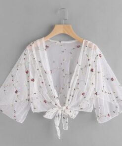 Women One Size Flower Print Patchwork Mesh White See Through Ladies Outwear Long Sleeve Beachwear Cover Ups