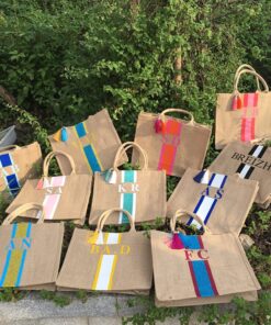Custom striped monogrammed beach tote bag, personalize name monogram Initials burlap tote mom basket bags pouches shopping jutes